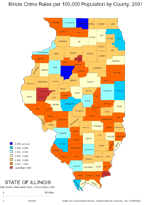 Map: Map series of Illinois crime rates per 100,000 population by offence, by county.